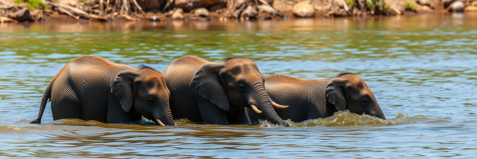 Three elephants playfully wade through a tranquil river under the warm sun in a natural habitat